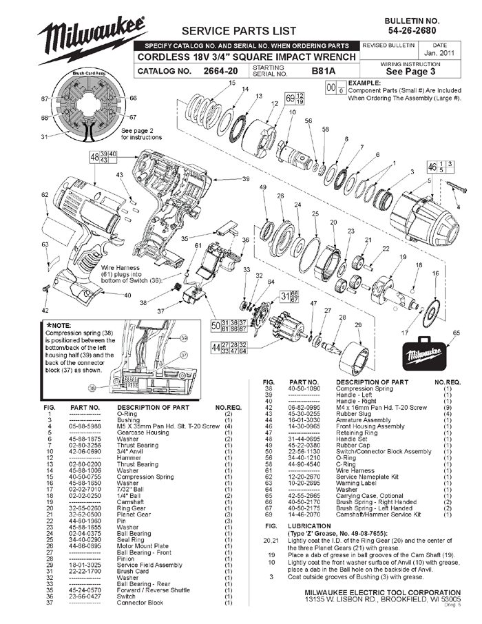 Milwaukee 2664-20 b81a Parts - Cordless 18v 3/4" Square Impact Wrench