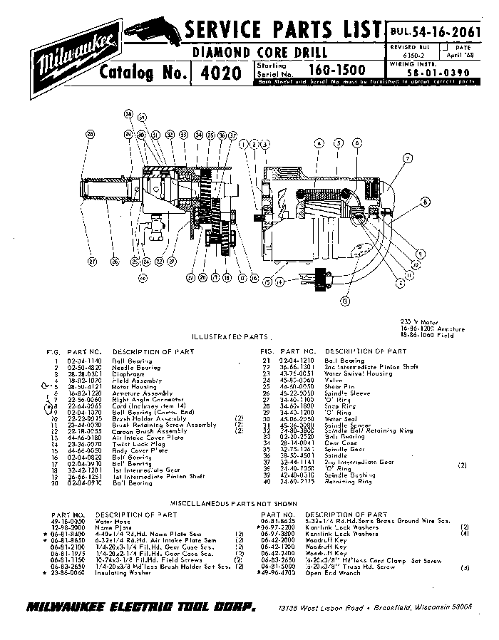 Milwaukee 4020 160-1500 Parts - Diamond Core Drill