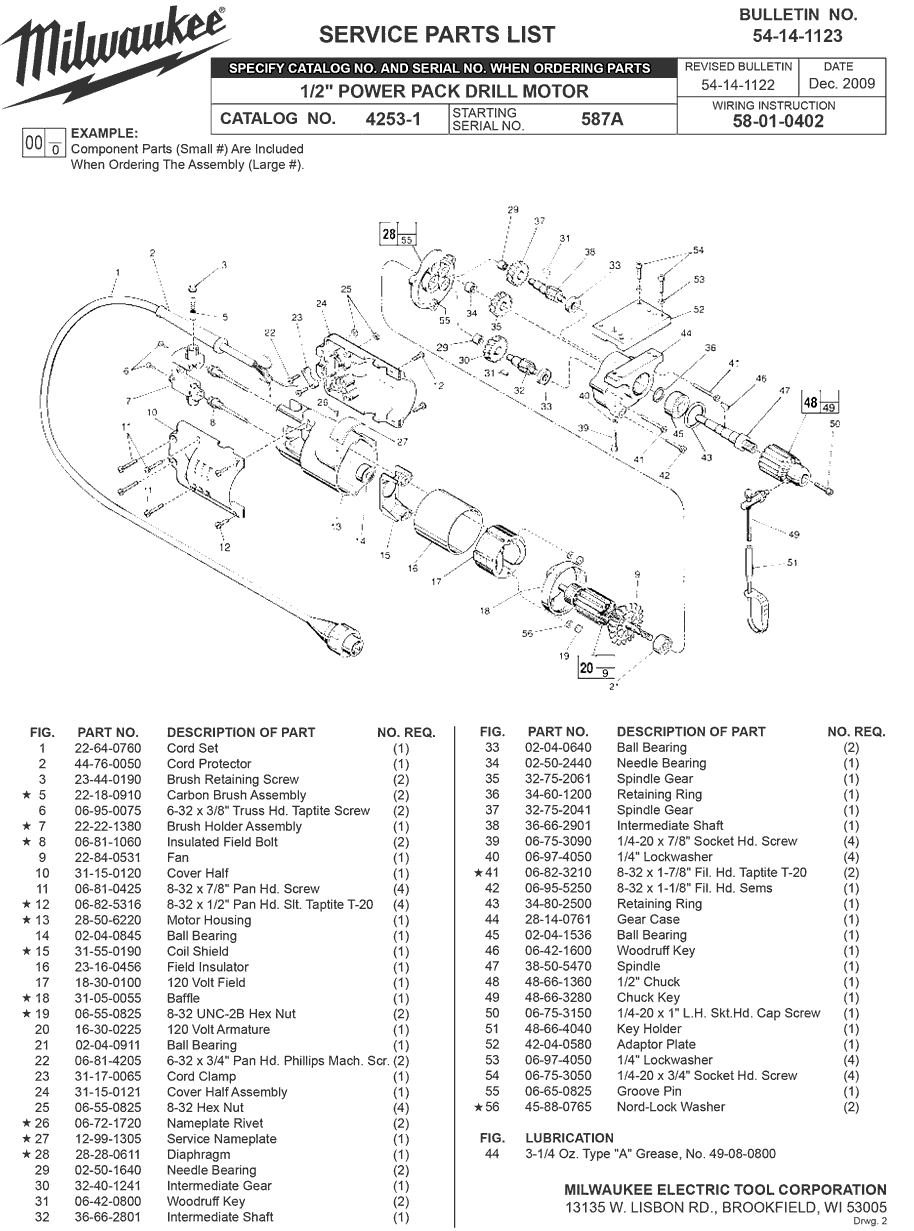 Milwaukee 4253-1 587a Parts - 1/2" POWER PACK DRILL MOTOR