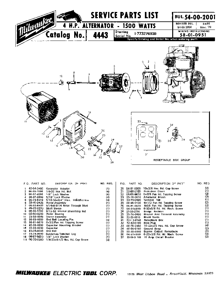 Milwaukee 4443 1-773276939 Parts - 4 H.P. Alternator