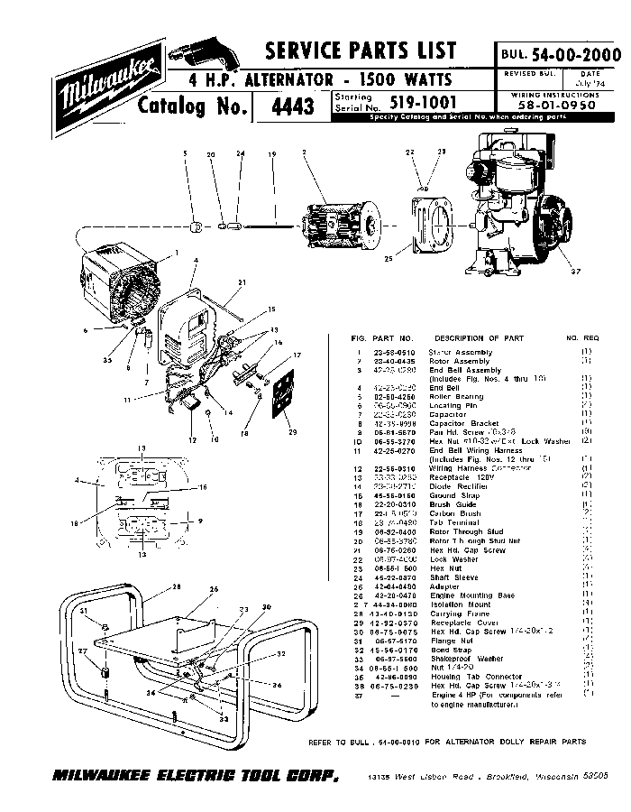Milwaukee 4443 519-1001 Parts - 4 H.P. Alternator