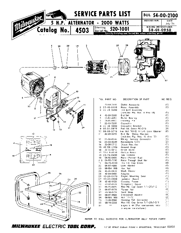 Milwaukee 4503 520-1001 Parts - 5 HP Alternator