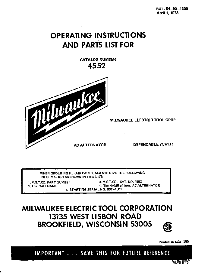 Milwaukee 4552 507-1001 Parts - Alternator