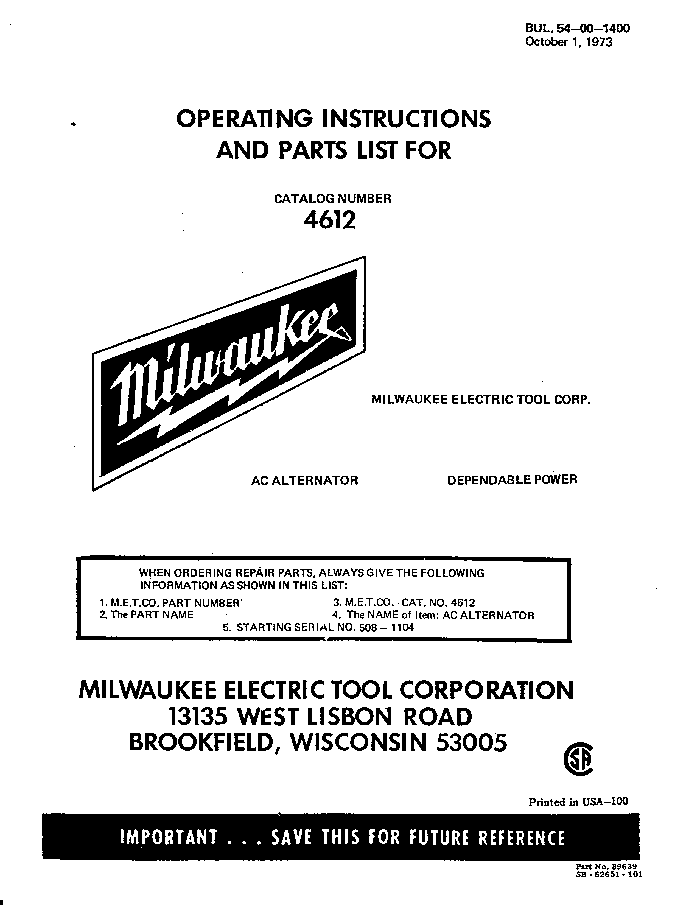 Milwaukee 4612 508-1104 Parts - 3000 Watt Alternator w-Base