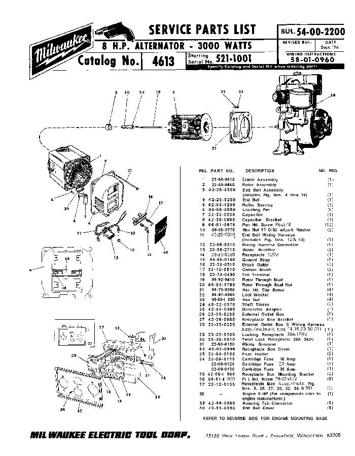 Milwaukee 4613 521-1001 Parts - 8 HP Alternator