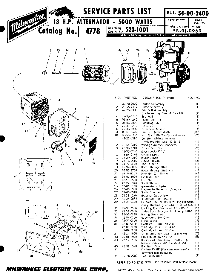 Milwaukee 4778 523-1001 Parts - 13 HP Alternator