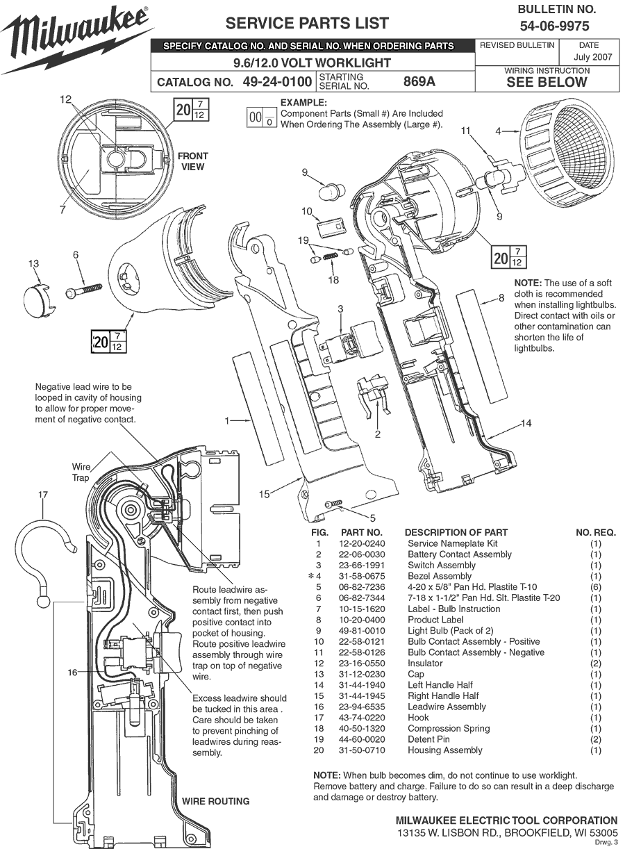 Milwaukee 49-24-0100 869a Parts - 9.6-12.0 VOLT WORKLIGHT