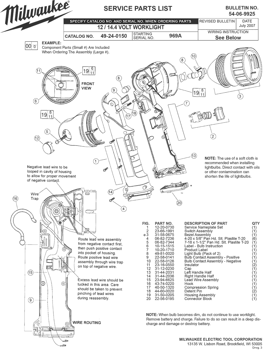 Milwaukee 49-24-0150 969a Parts - 12-14.4 VOLT WORKLIGHT