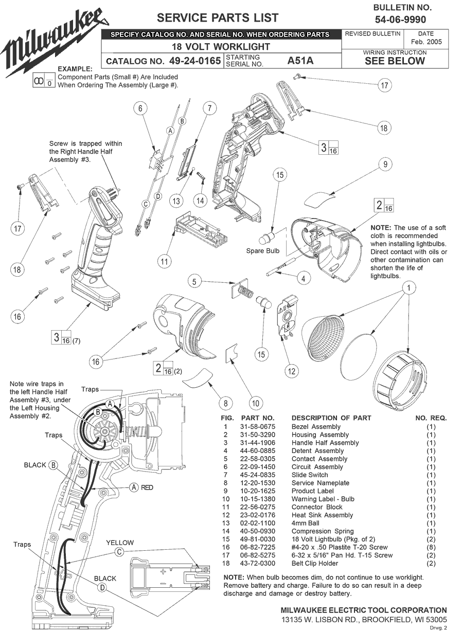 Milwaukee 49-24-0165 a51a Parts - 18 VOLT WORKLIGHT