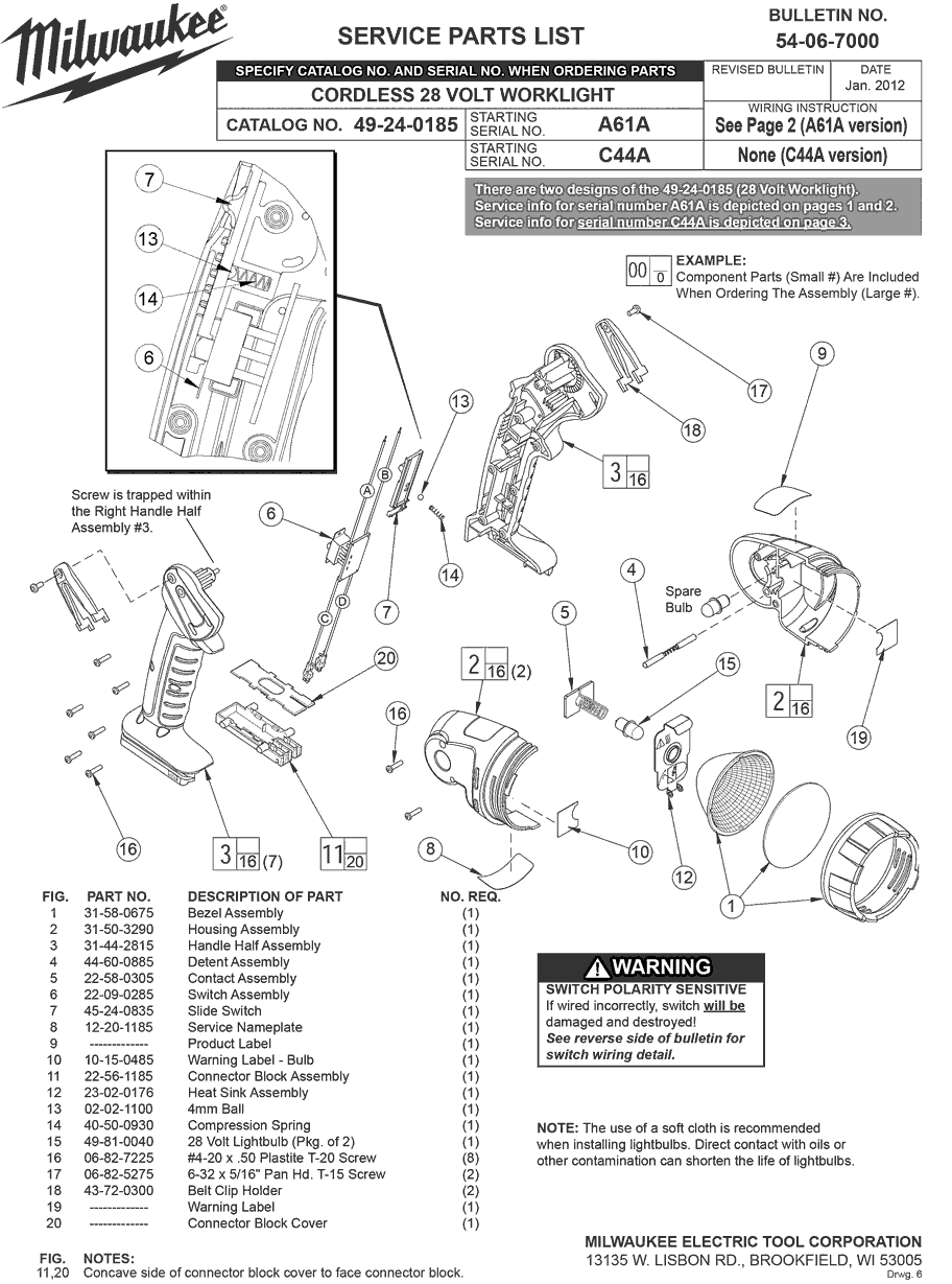 Milwaukee 49-24-0185 a61a Parts - CORDLESS 28 VOLT WORKLIGHT