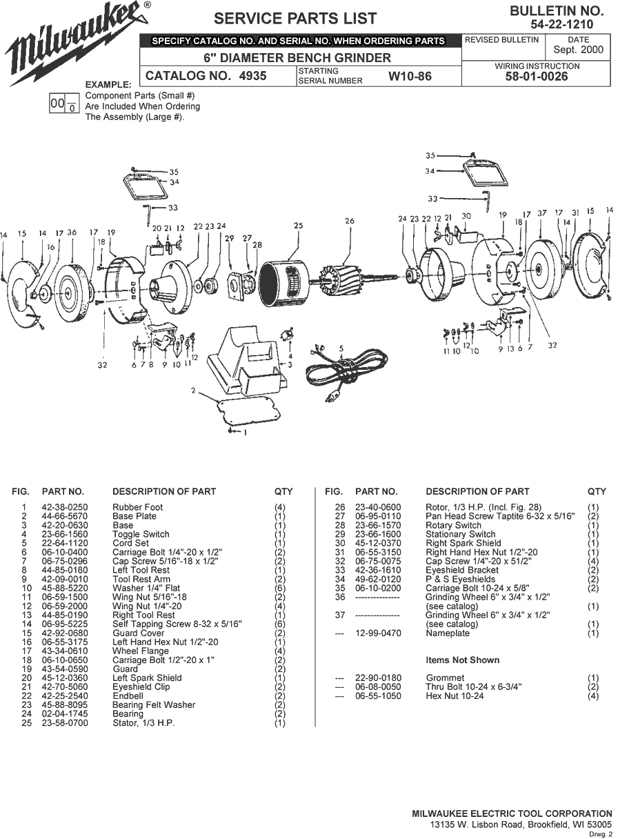 Milwaukee 4935 w10-86 Parts - 6" Diameter Milwaukee Grinder