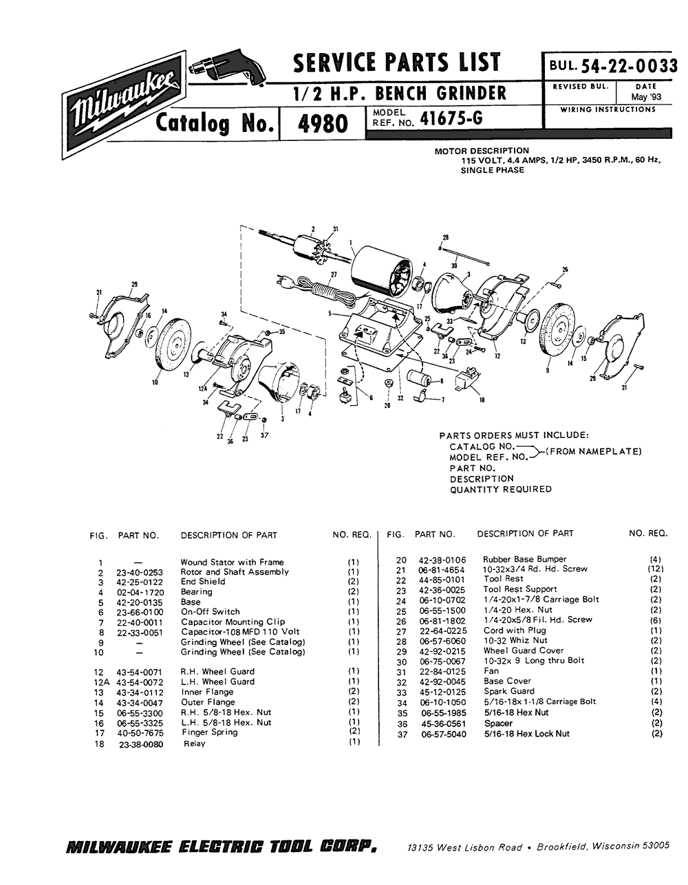 Milwaukee 4980 41675-g Parts - 1/2 H.P. Bench Grinder