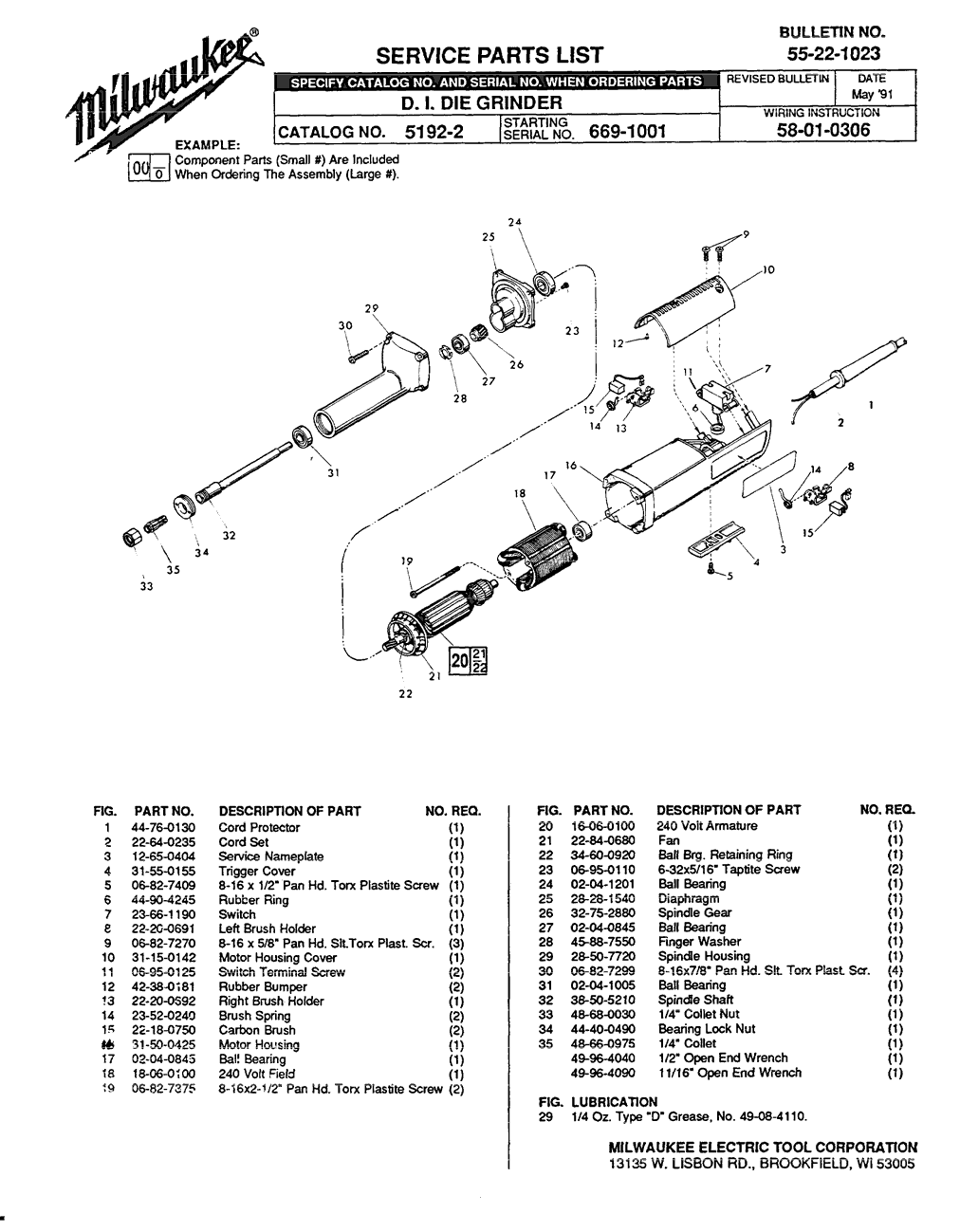 Milwaukee 5192-2 669-1001 Parts - D.I. Die Grinder