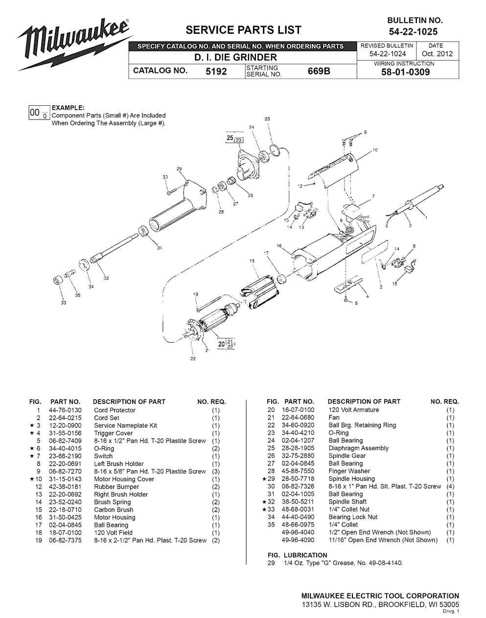 Milwaukee 5192 669b Parts - D.I. Die Grinder