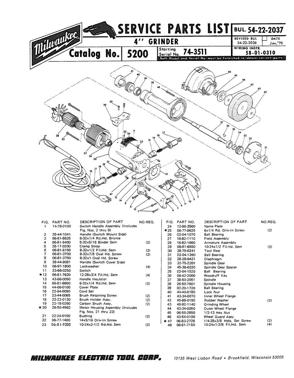 Milwaukee 5200 74-3511 Parts - 4" Grinder