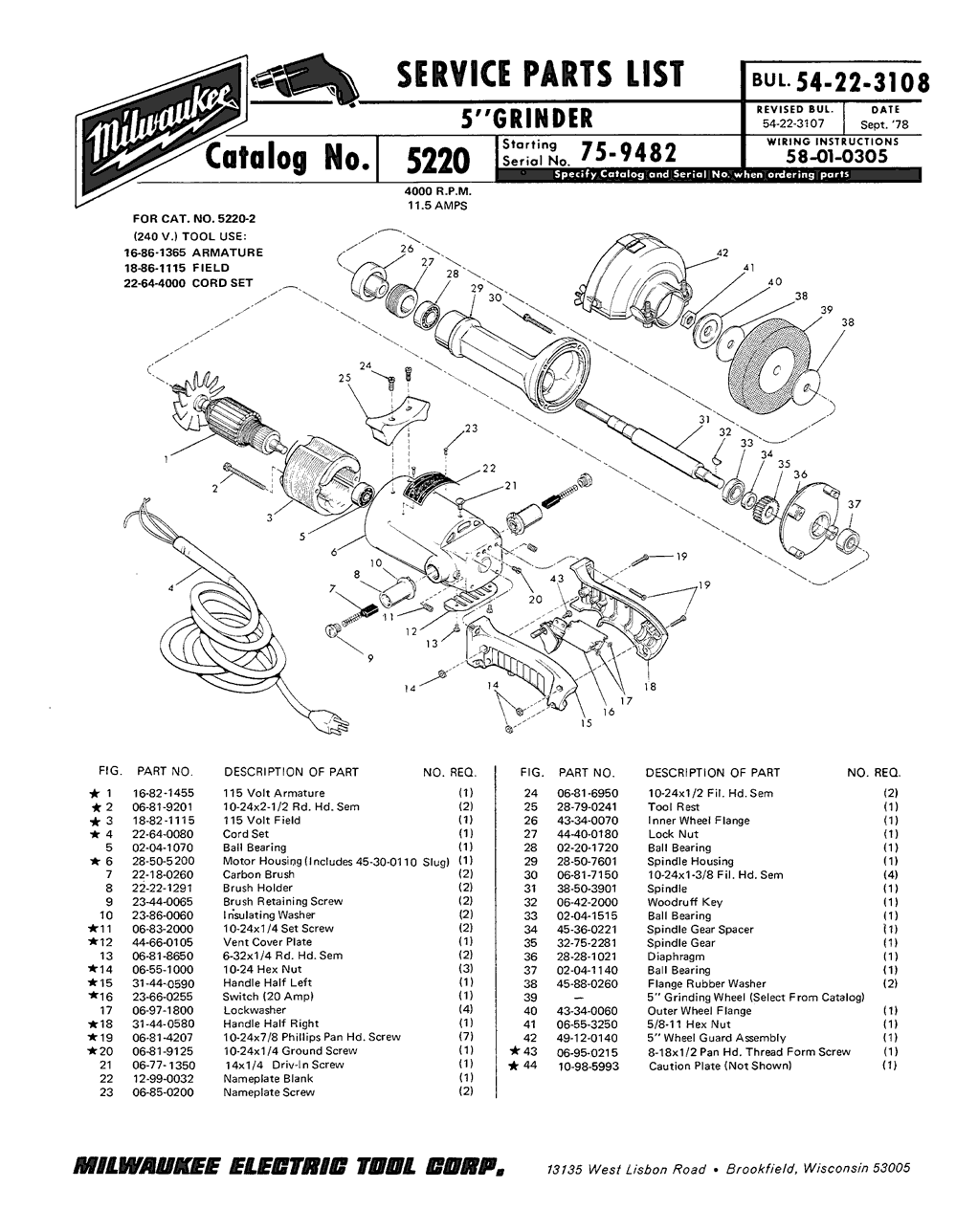 Milwaukee 5220 75-9482 Parts - 5" Grinder