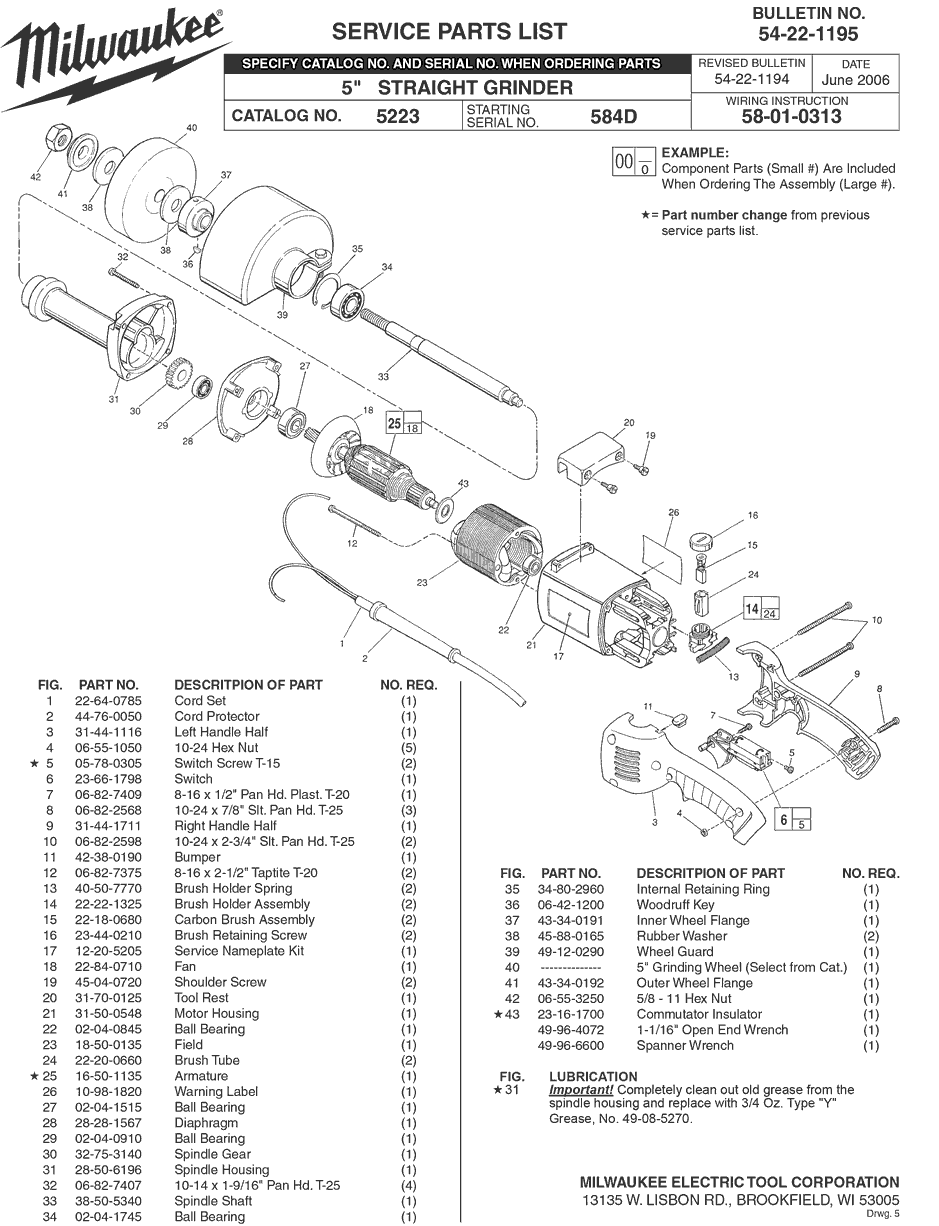 Milwaukee 5223 584d Parts - 5" Straight Grinder