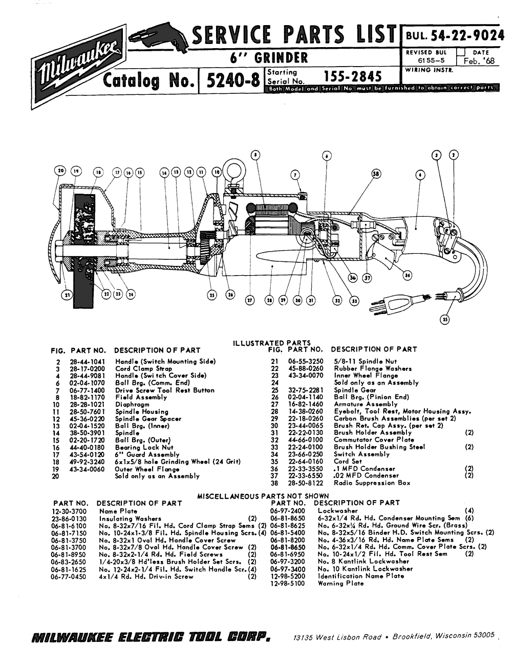 Milwaukee 5240-8 155-2845 Parts - 6" Grinder