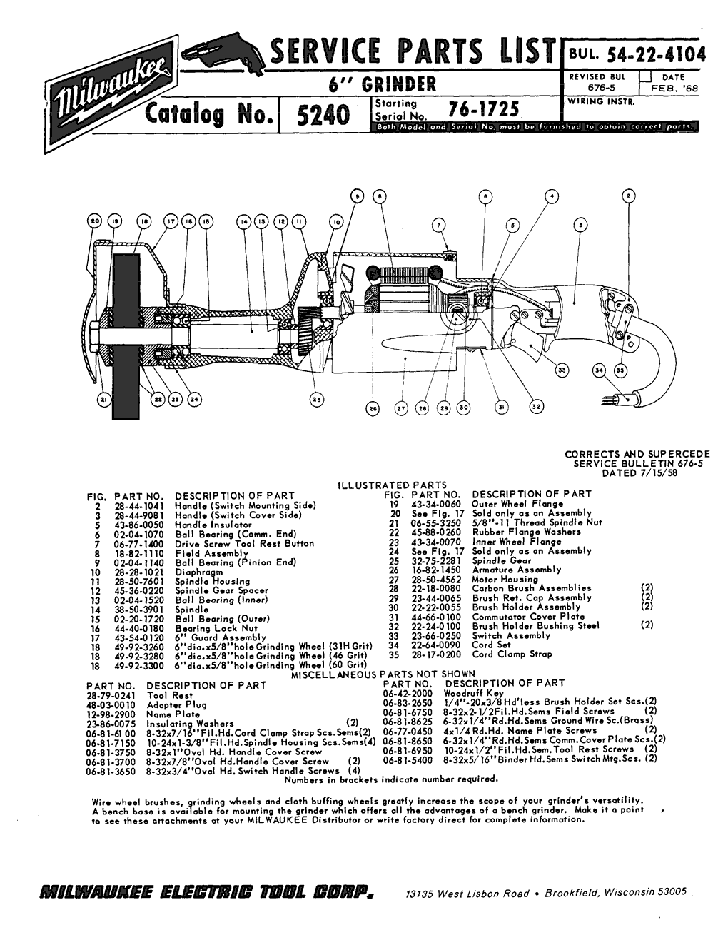 Milwaukee 5240 76-1725 Parts - 6" Grinder