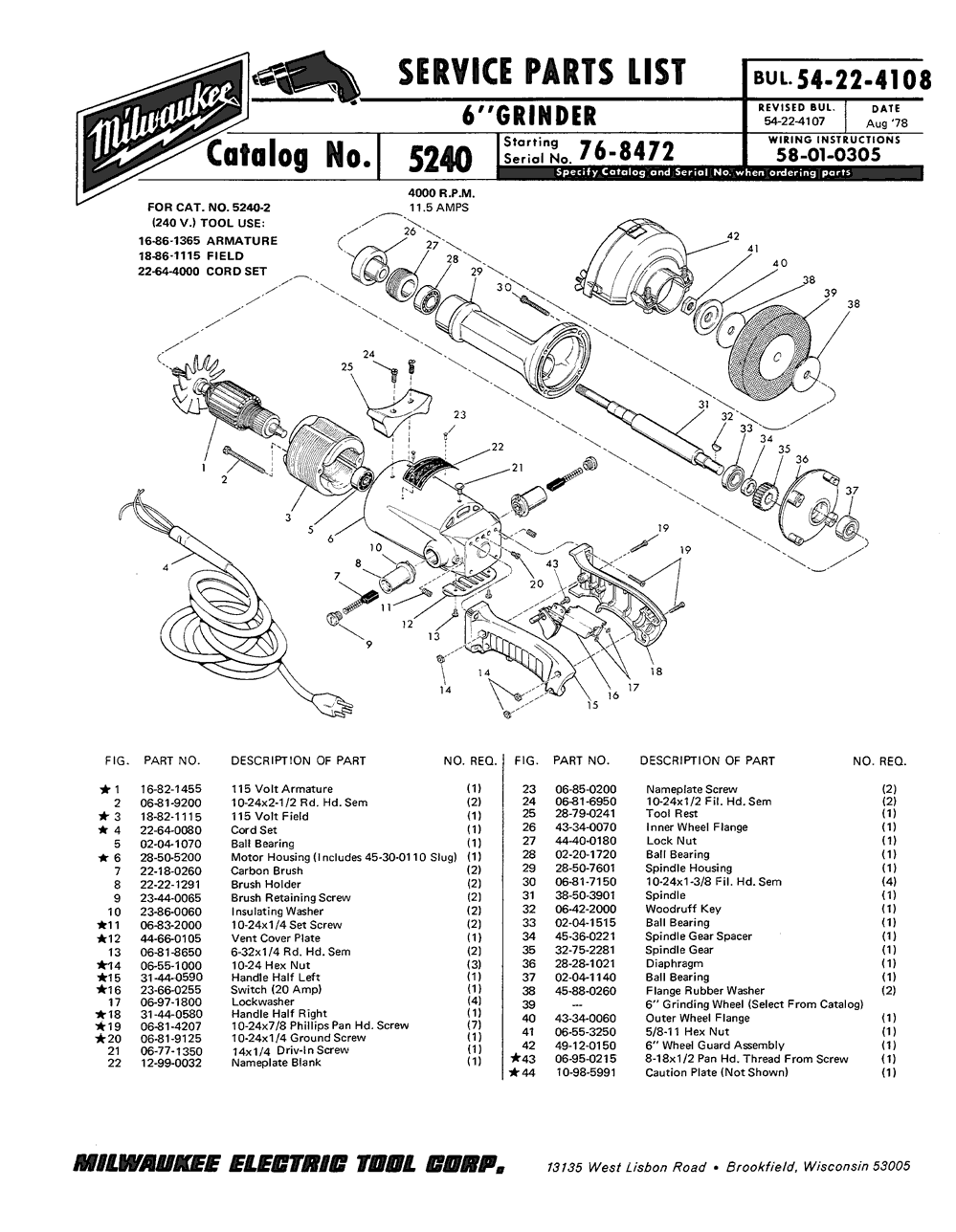 Milwaukee 5240 76-8472 Parts - 6" Grinder