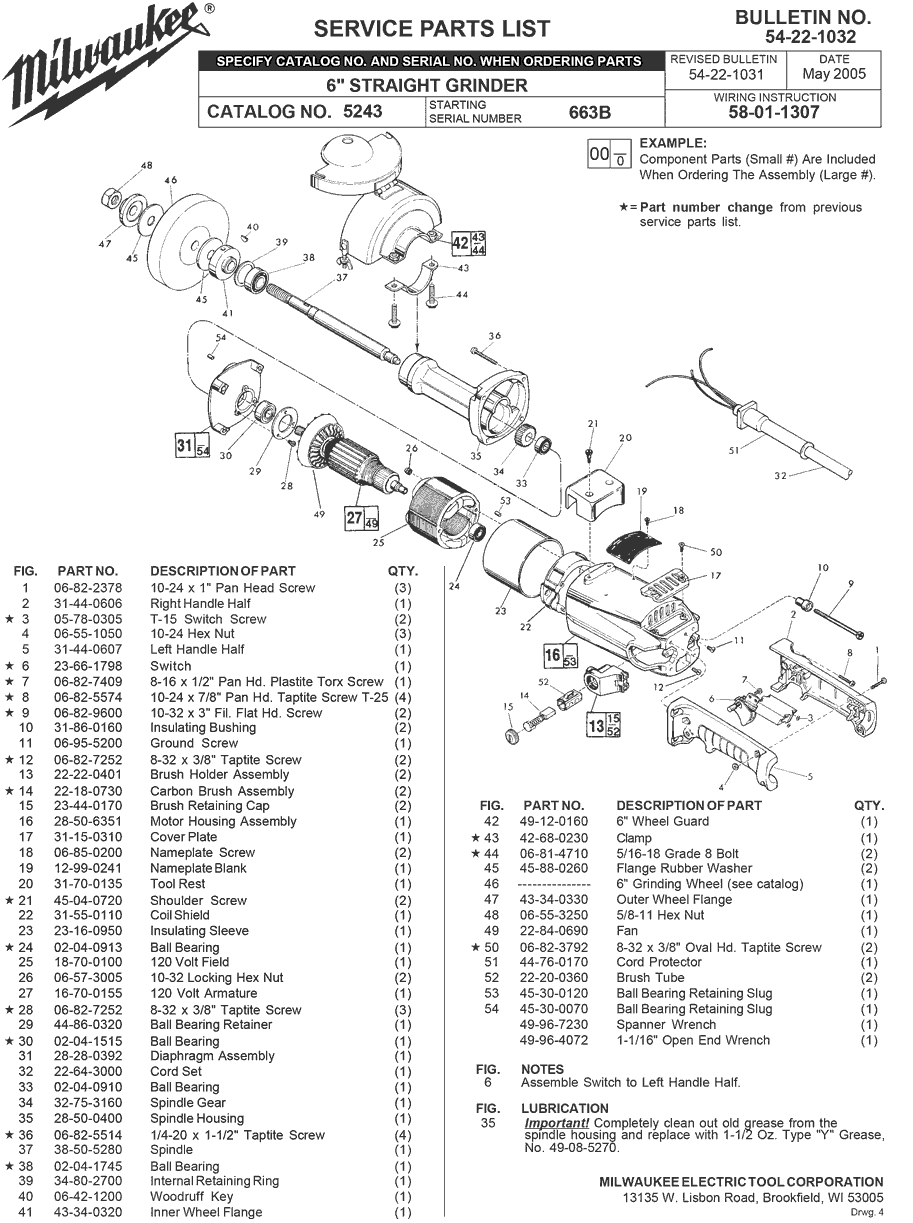 Milwaukee 5243-2 663b Parts - 6" Straight Grinder