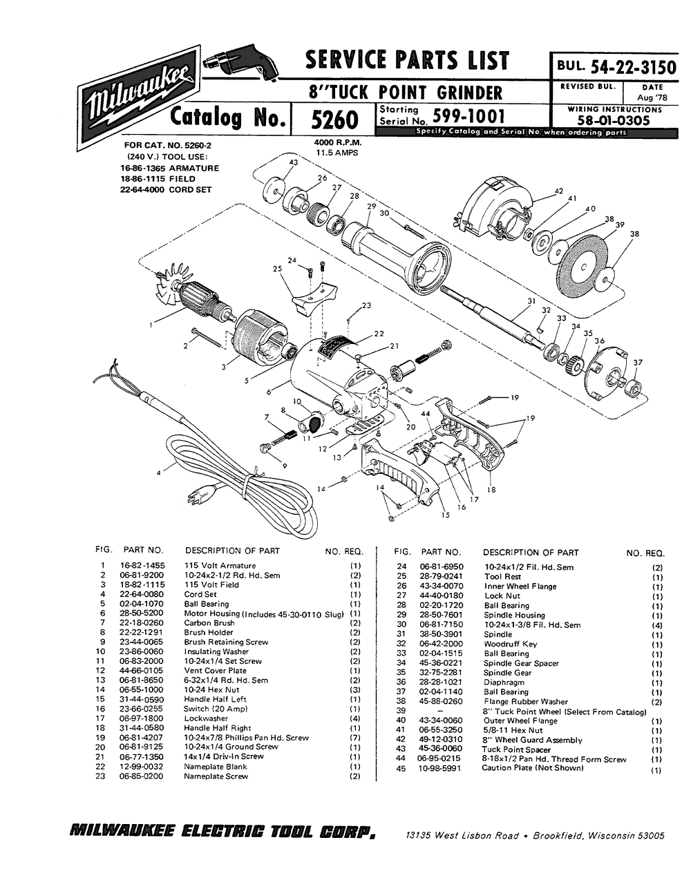 Milwaukee 5260 599-1001 Parts - 8" Tuck Point Grinder