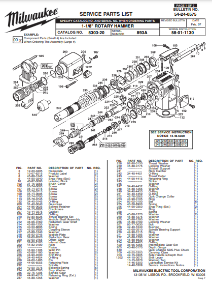 Milwaukee 5303-20 893a Parts - 1-1/8" ROTARY HAMMER