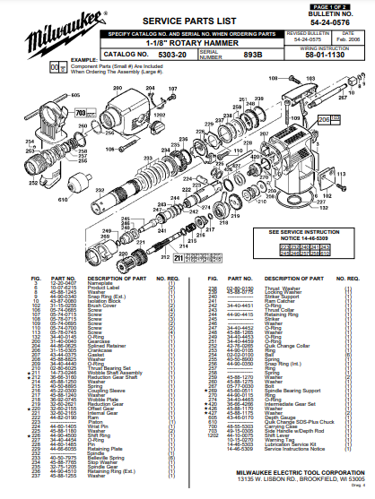 Milwaukee 5303-20 893b Parts - 1-1/8" ROTARY HAMMER