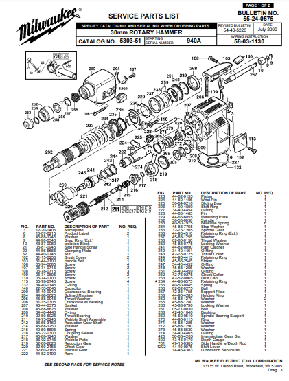 Milwaukee 5303-51 940a Parts - 30mm ROTARY HAMMER