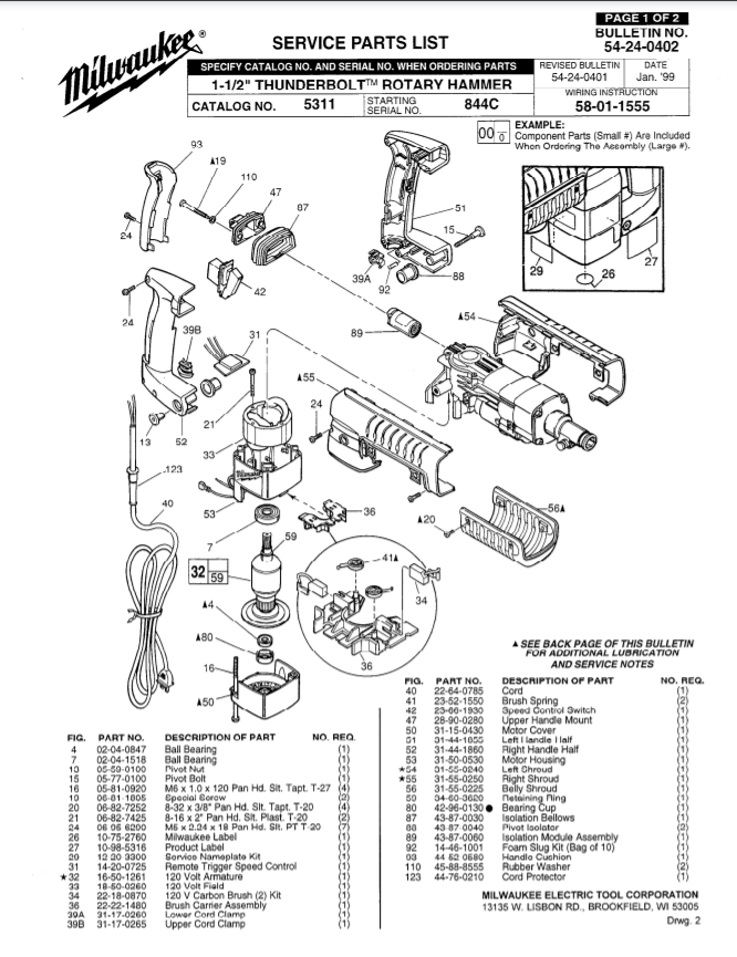 Milwaukee 5311 844c Parts - 1-1/2" THUNDERBOLT ROTARY HAMMER