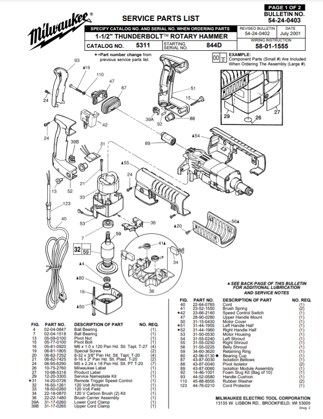 Milwaukee 5311 844d Parts - 1-1/2" THUNDERBOLT ROTARY HAMMER