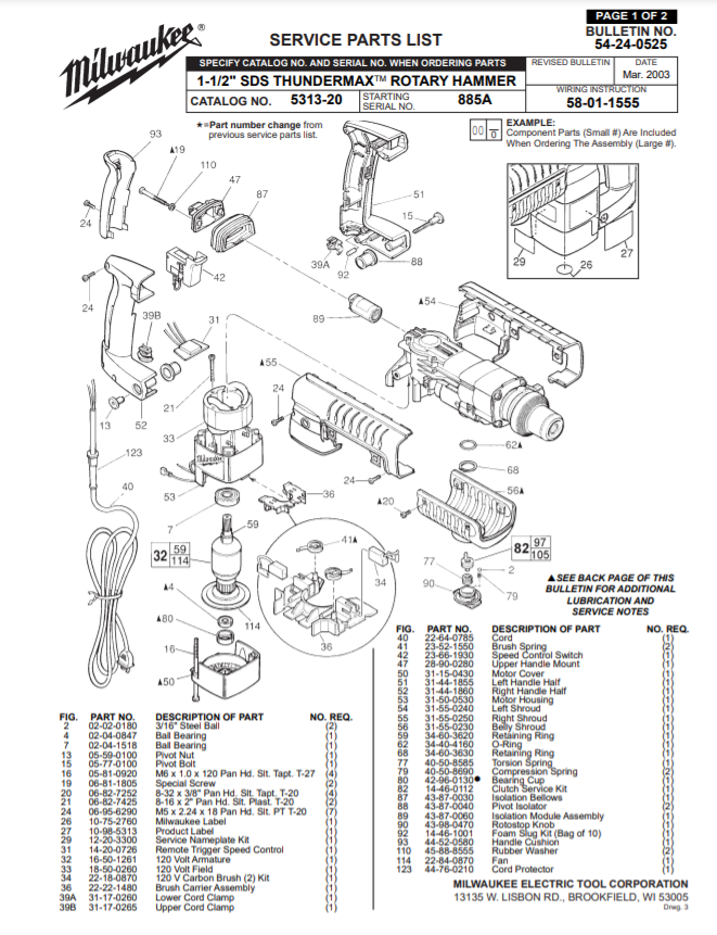 Milwaukee 5313-20 885a Parts - 1-1/2" SDS THUNDERMAX ROTARY HAMMER