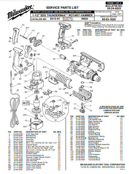 Milwaukee 5313-51 885a Parts - 1-1/2" SDS THUNDERMAX ROTARY HAMMER