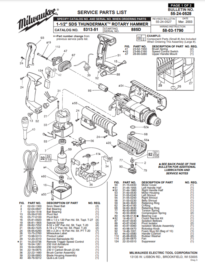 Milwaukee 5313-51 885d Parts - 1-1/2" SDS THUNDERMAX ROTARY HAMMER