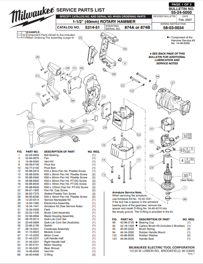 Milwaukee 5314-51 874a Parts - 1-1/2" (40mm) ROTARY HAMMER