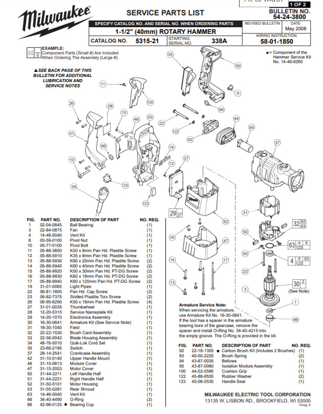 Milwaukee 5315-21 338a Parts - 1-1/2" (40mm) ROTARY HAMMER