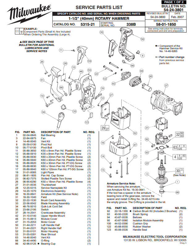 Milwaukee 5315-21 338b Parts - 1-1/2" (40mm) ROTARY HAMMER