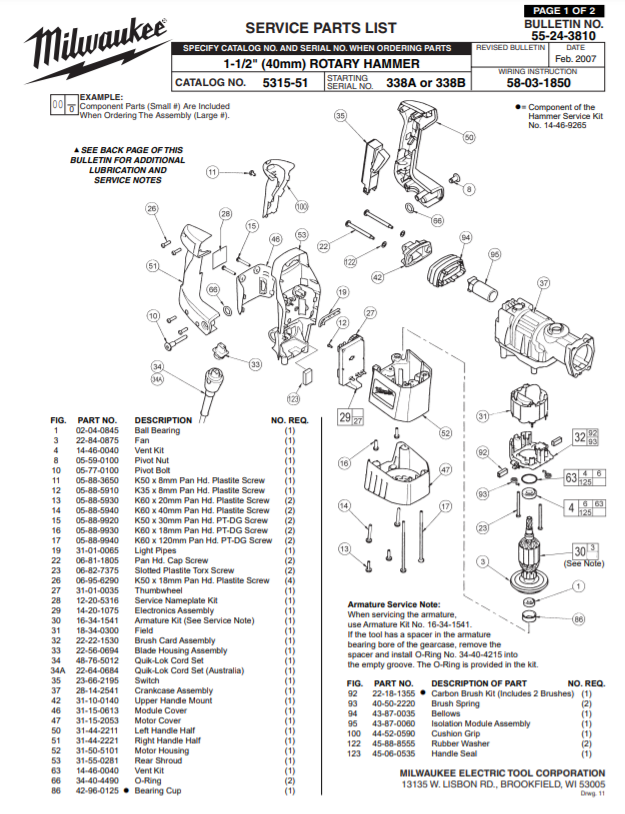 Milwaukee 5315-51 338a Parts - 1-1/2" (40mm) ROTARY HAMMER