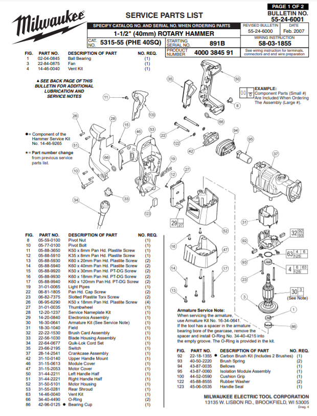 Milwaukee 5315-55 891b Parts - 1-1/2" (40mm) ROTARY HAMMER