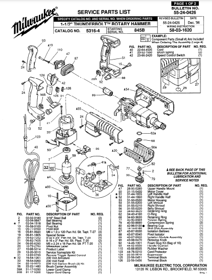 Milwaukee 5316-4 845b Parts - 1-1/2" THUNDERBOLT ROTARY HAMMER