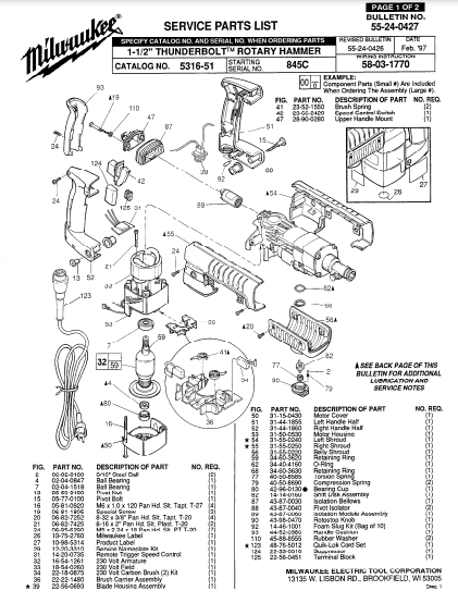 Milwaukee 5316-51 845c Parts - 1-1/2" THUNDERBOLT ROTARY HAMMER