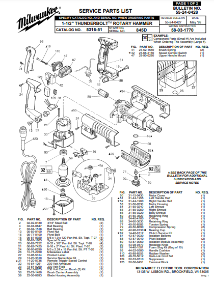 Milwaukee 5316-51 845d Parts - 1-1/2" THUNDERBOLT ROTARY HAMMER