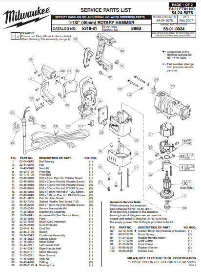 Milwaukee 5318-21 886b Parts - 1-1/2" (40mm) ROTARY HAMMER