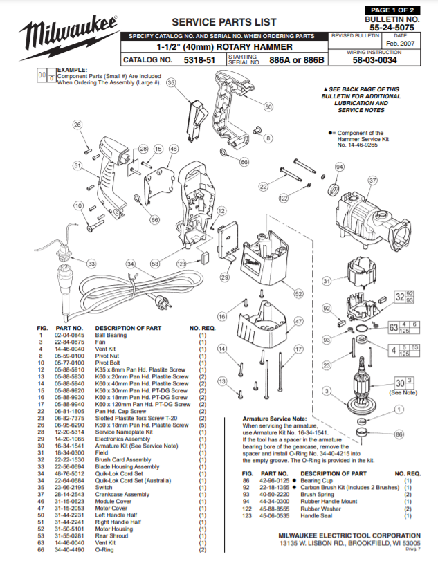 Milwaukee 5318-51 886b Parts - 1-1/2" (40mm) ROTARY HAMMER