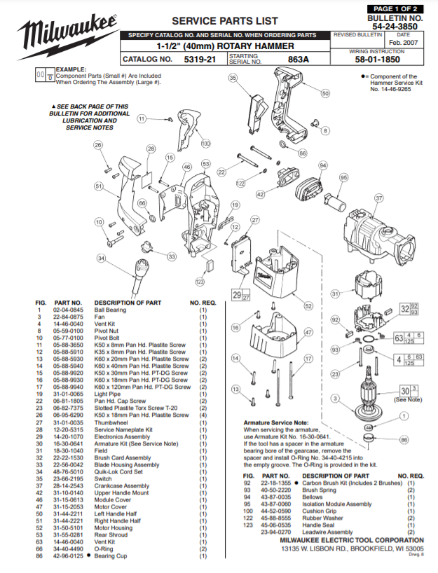 Milwaukee 5319-21 863a Parts - 1-1/2" (40mm) ROTARY HAMMER