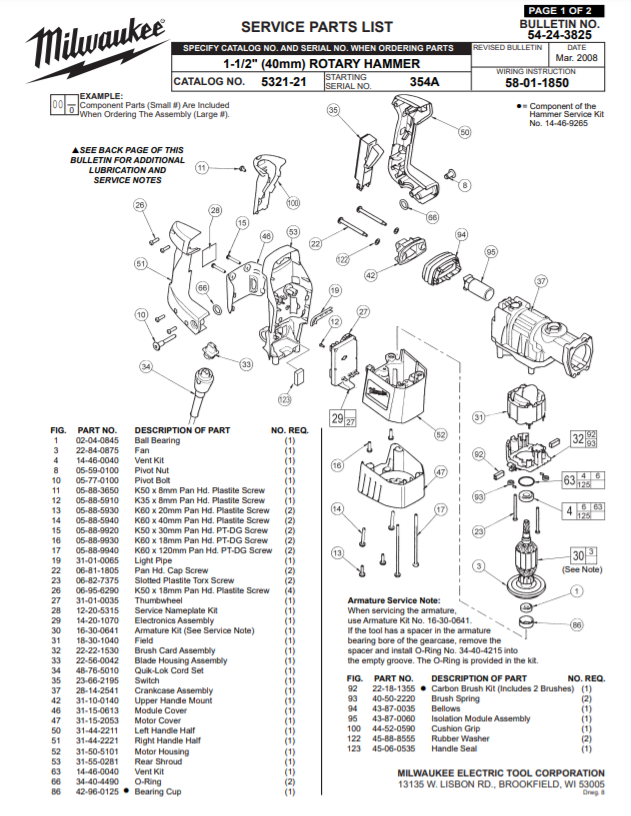 Milwaukee 5321-21 354a Parts - 1-1/2" (40mm) ROTARY HAMMER