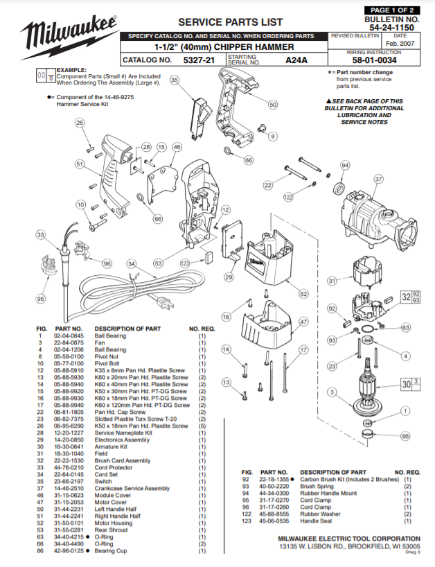 Milwaukee 5327-21 a24a Parts - 1-1/2" (40mm) CHIPPER HAMMER