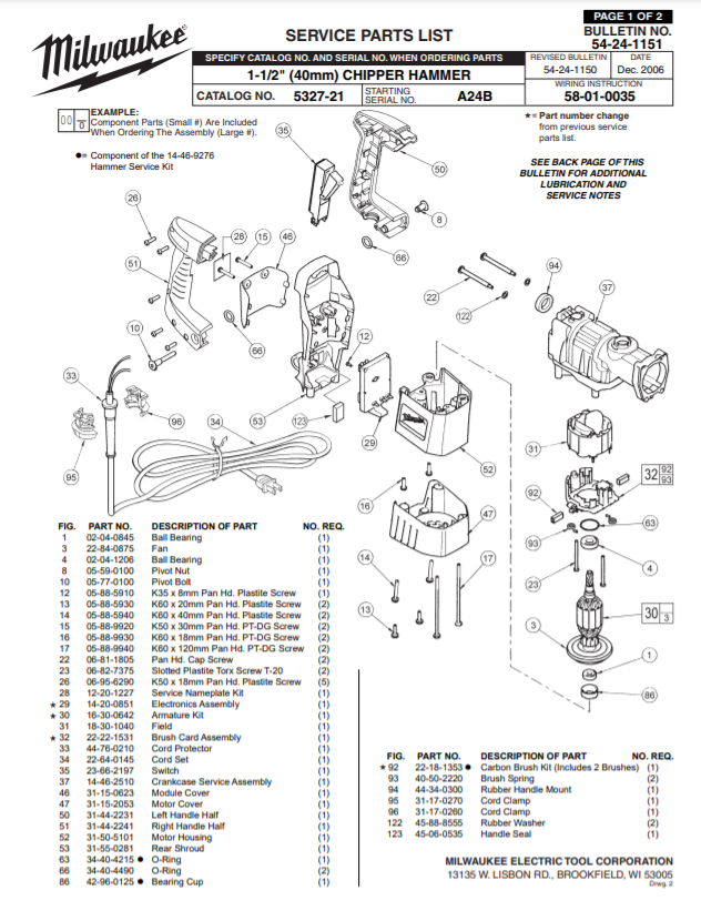 Milwaukee 5327-21 a24b Parts - 1-1/2" (40mm) CHIPPER HAMMER