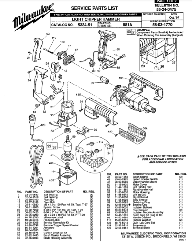 Milwaukee 5334-51 881a Parts - Light Chipper Hammer