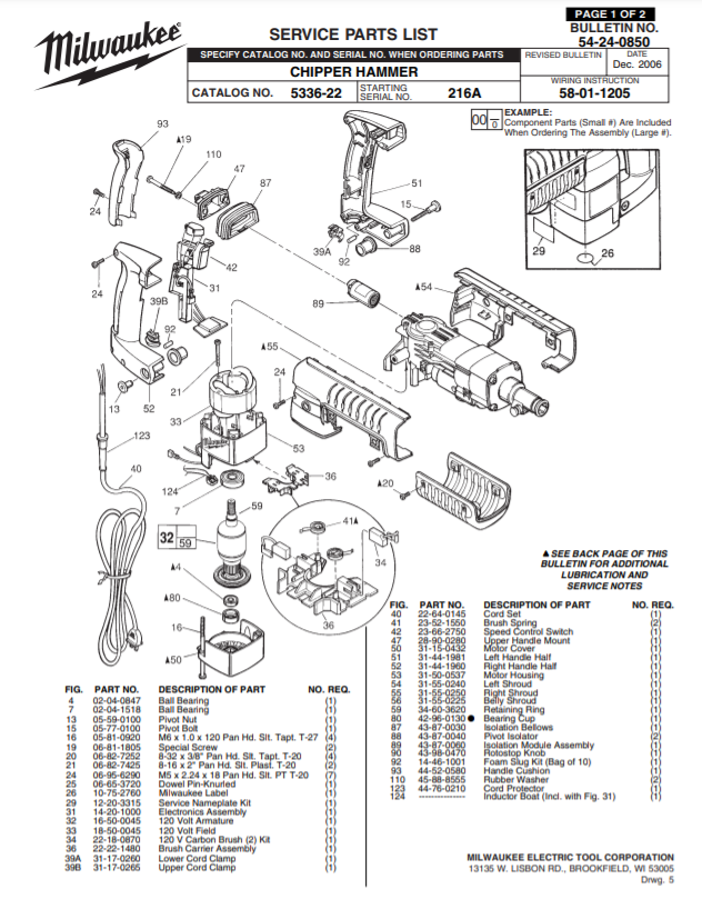 Milwaukee 5336-22 216a Parts - CHIPPER HAMMER